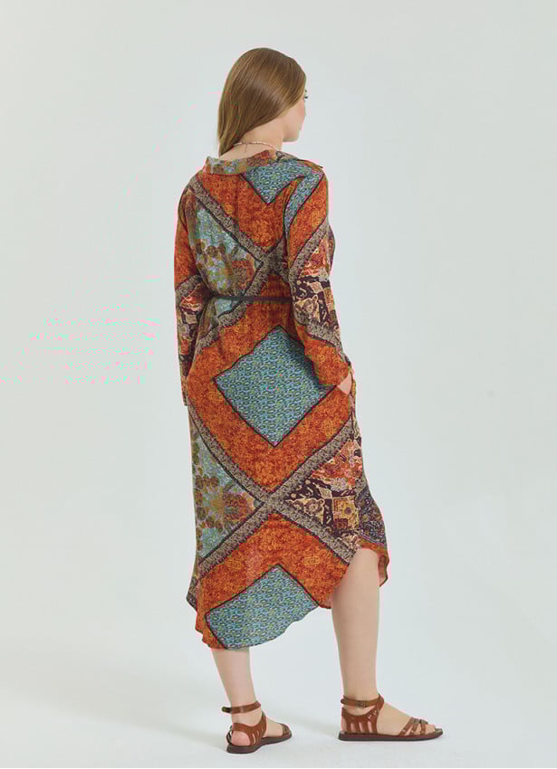 Shirt Collar Belt Detailed Coffee Patterned Casual Plus Size Dress 4614
